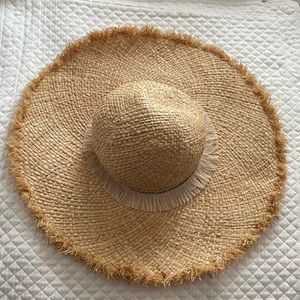 Express Raffia Boho Straw Beach Hat With Blue Fringed Band